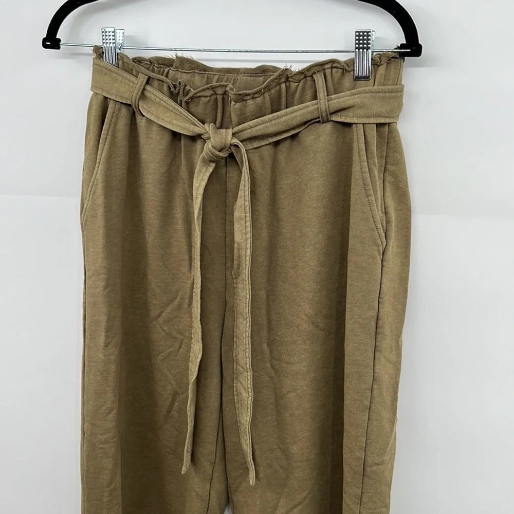 🆕Olive Green French Terry Paperbag Waist Tie High Waist Wide Leg Pants S,M & L - Picture 16 of 16